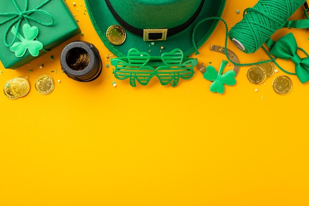 Top view photo of leprechaun headwear giftbox clover shaped party glasses spool of twine bowtie pot with gold coins trefoils horseshoe and sprinkles on isolated yellow background with copyspace