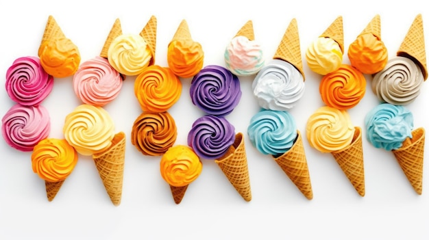 Top view photo of many ice cream colorful wafer cones maximalism isolated pastel white background with copyspace Generative AI image weber