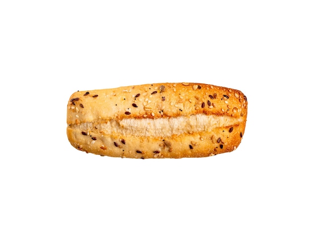 Top view photo of a mini baguette with sesame seeds isolated on white background