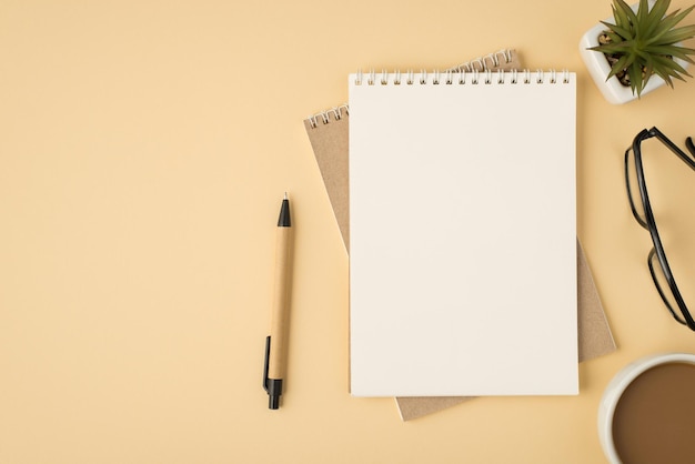 Top view photo of organizers pen glasses plant and cup on isolated beige background with copyspace