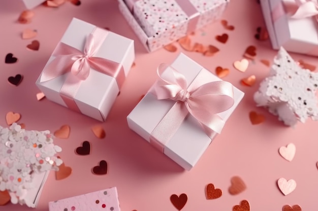 Top view photo of pink gift boxes with pink bow on isolated pastel pink background with copy space