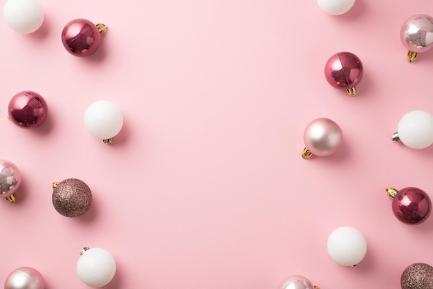 Top view photo of pink and white christmas tree balls on isolated pastel pink background with copyspace