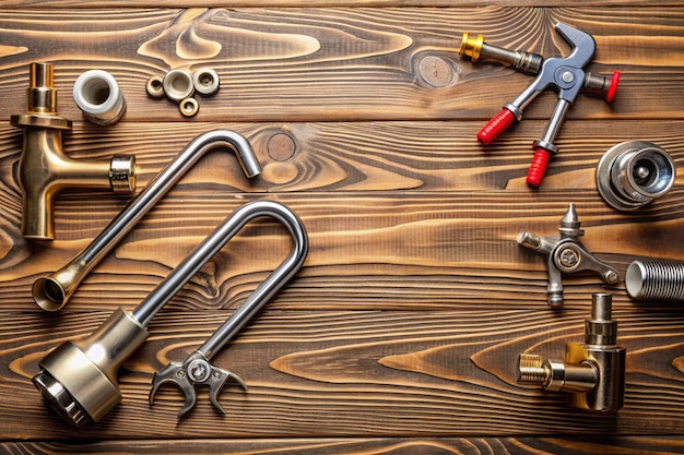 Photo top view photo of plumbing tools over wooden background with copy space top view photo of plumbing tools on brown table right side composition of chrome plated handle mixer tap