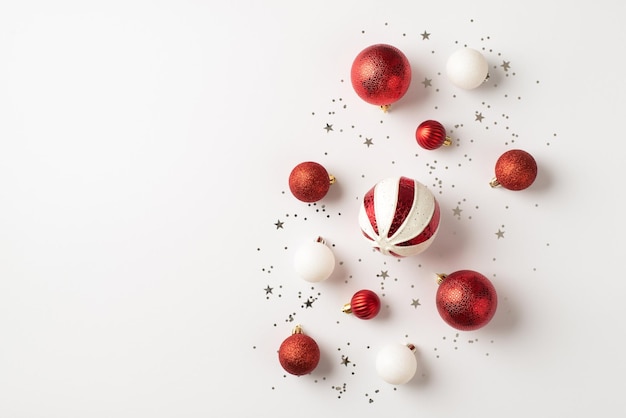 Top view photo of red and white christmas tree decorations balls and silver confetti on isolated white background with copyspace