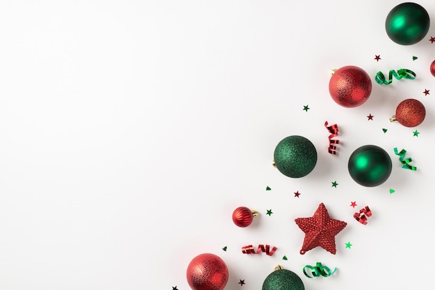 Top view photo of row composition red and green christmas tree decorations balls star serpentine and confetti on isolated white background with blank space