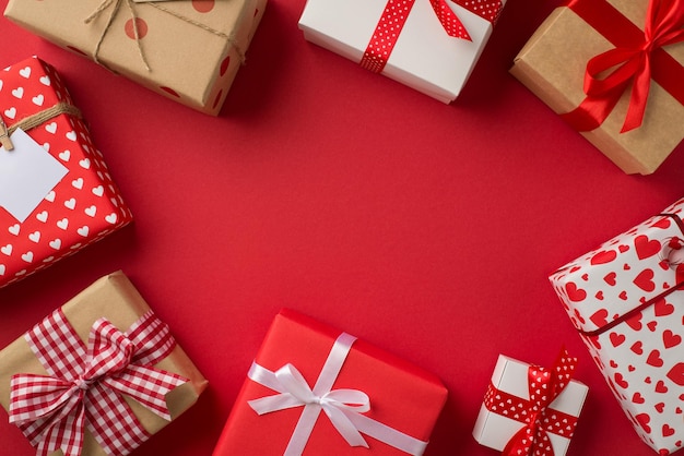 Top view photo of saint valentine's day decorations different gift boxes on isolated red background with copyspace in the middle