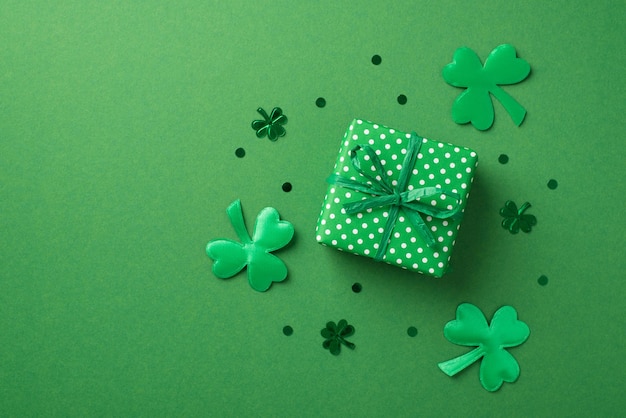 Top view photo of the small green with white dots giftbox and many confetti different size in shape of clovers and dots on the green isolated empty background