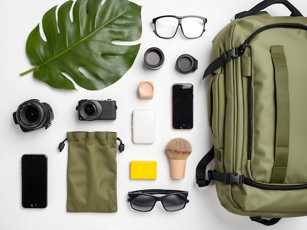 Photo top view photo of tourist equipment in bag isolated on white background