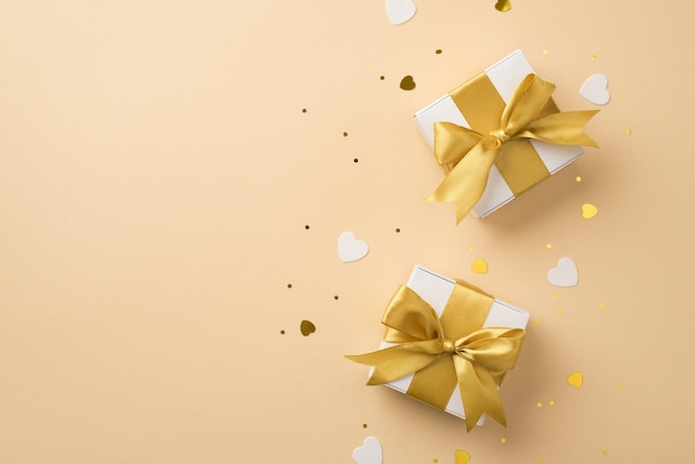 Top view photo of valentine's day decorations two white gift boxes with golden satin ribbon bows white hearts sequins and heart shaped confetti on isolated beige background with copyspace