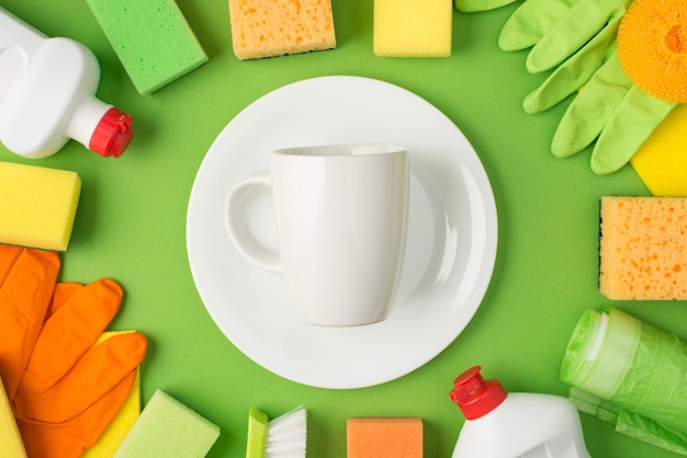 Top view photo of white clean cup on plate in the middle detergent bottles rubber gloves rags sponges brush and garbage bags on isolated green background