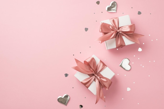 Top view photo of white gift boxes with pink satin ribbon bows silver decorative hearts sequins and heart shaped confetti on isolated pastel pink background with copyspace