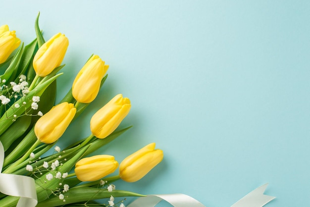 Top view photo of woman's day composition bouquet of yellow tulips white gypsophila and white ribbon on isolated pastel blue background with copyspace