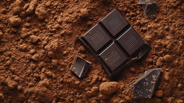 top view of A piece of dark chocolate on cocoa powd AI Generative