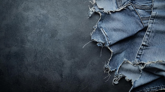 Photo a top view of a piece of ripped denim jeans on a gray background with copy space for text or pr