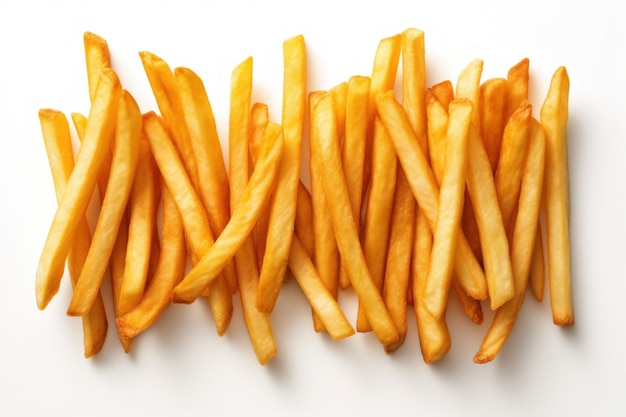 Top view of a pile of french fries on a white background