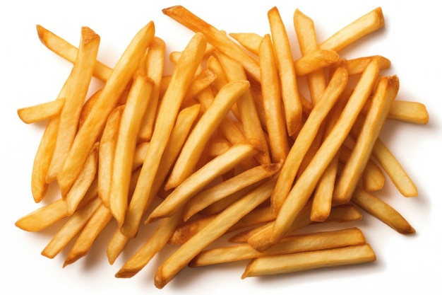 Top view of a pile of french fries on a white surface