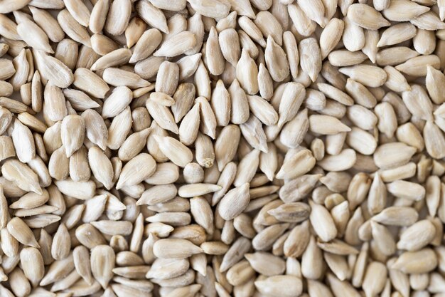 Top view of a pile of natural organic sunflower seeds isolated on white background