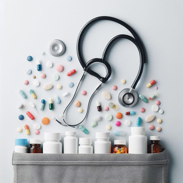 Top view pills and stethoscope arrangement