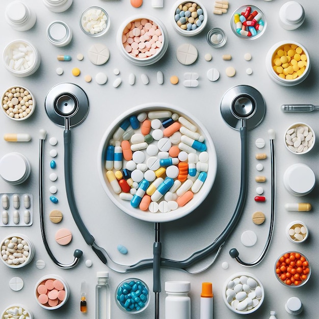 Top view pills and stethoscope arrangement