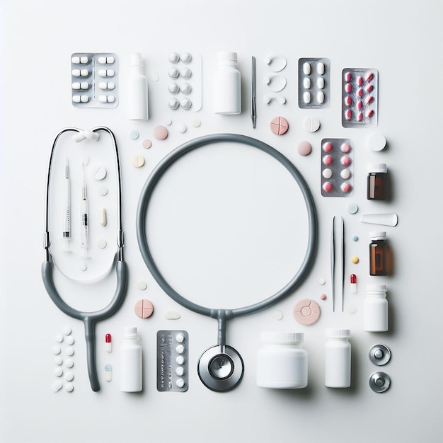 Top view pills and stethoscope arrangement