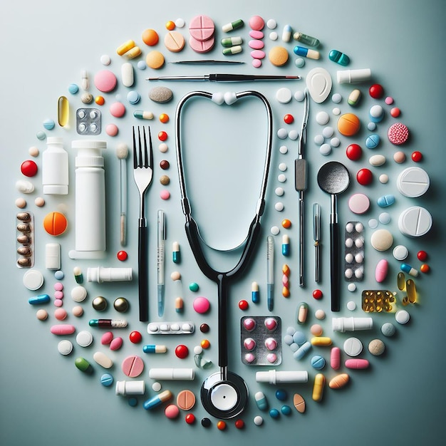 Top view pills and stethoscope arrangement