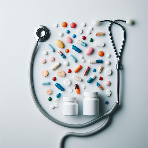 Top view pills and stethoscope arrangement