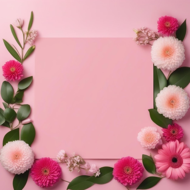 top view pink frame and flowers arrangement on blank paper with a light background