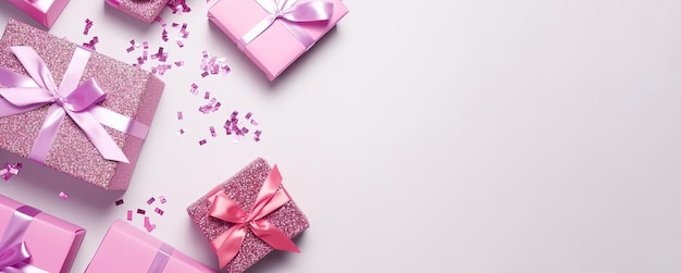 top view of pink glitter gift boxes with pink ribbons on white background