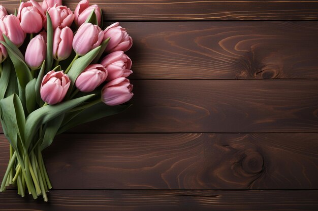 Top view Pink tulip bouquet with blank paper on wooden backdrop