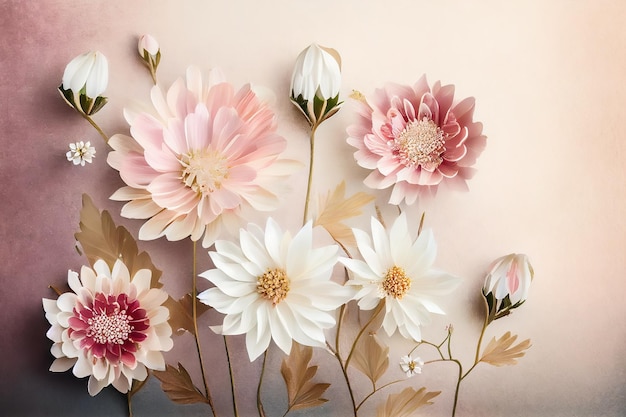 Top view of pink and white flowers on pink background Generative AI