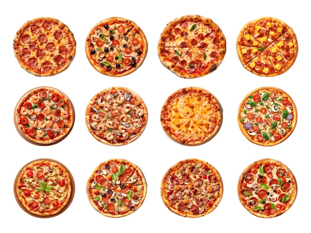 Top view pizza collection isolated on white background with AI generated