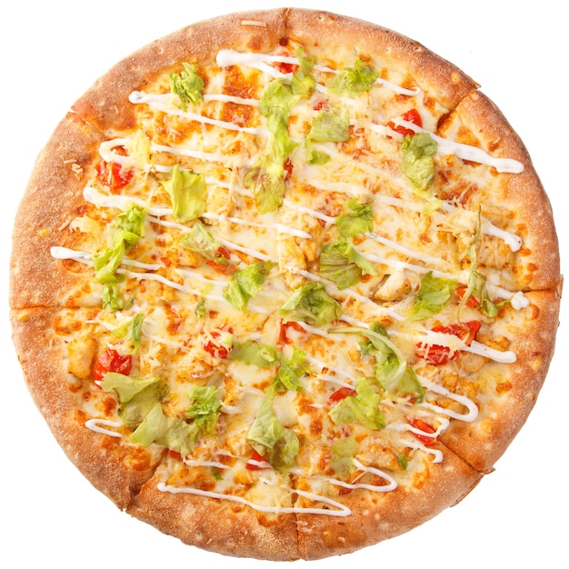 Top view on Pizza with Chicken Breast, Pineapple and Mozzarella Cheese. Isolated on white background.