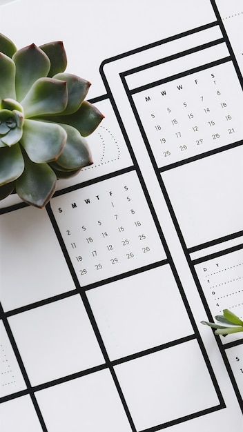 Top view planner calendar with succulent plant