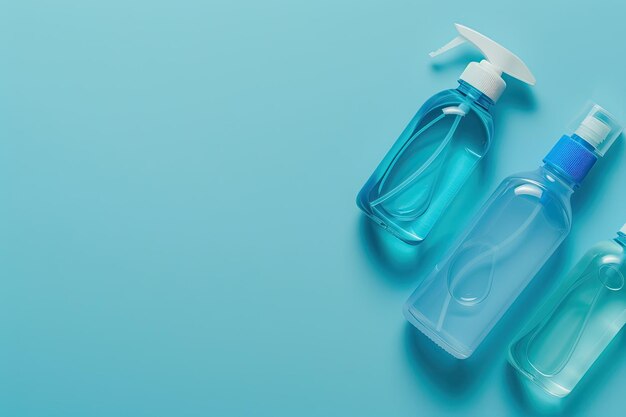 Top view of plastic bottles with hand sanitizer and liquid soap