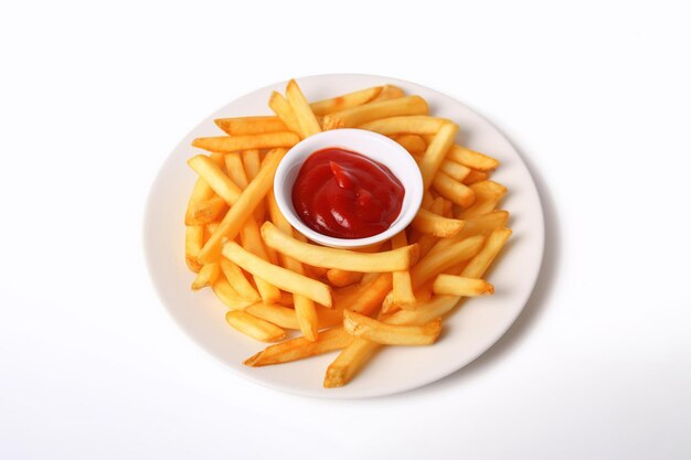 Top view a plate of crispy french fries with ketchup isolated on white background