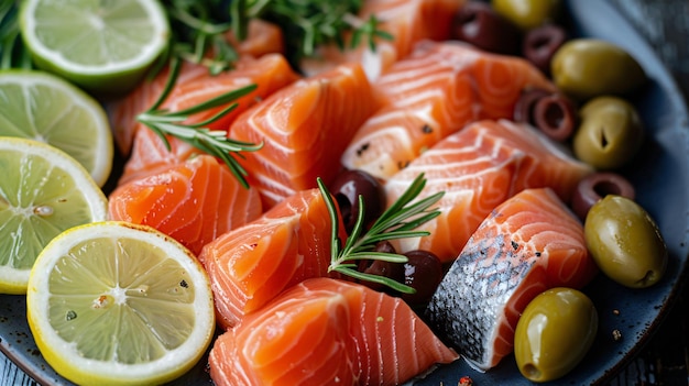 Top view of a plate full of lightly salted red fish olives and lemon slices