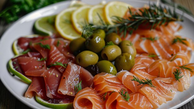 Top view of a plate full of lightly salted red fish olives and lemon slices