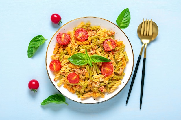 top view plate with delicious fusilli