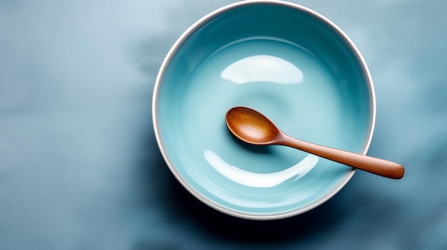 Top view plate with a spoon on the blue background