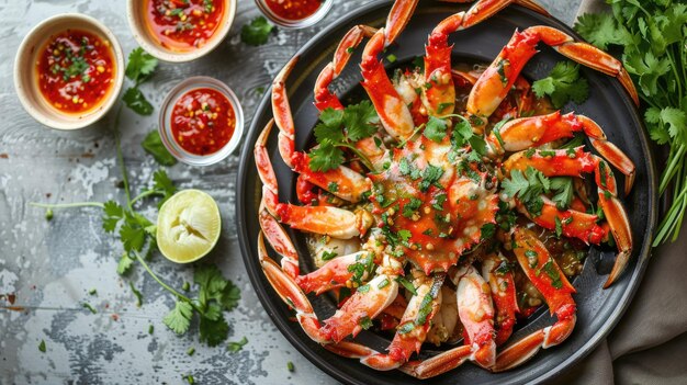 Photo top view of a platter of crab claws with a spicy chili dipping sauce garnished with fresh herbs