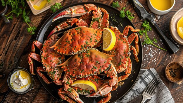 Top view of a platter featuring whole steamed crabs with Old Bay seasoning served with lemon wedges and melted butter