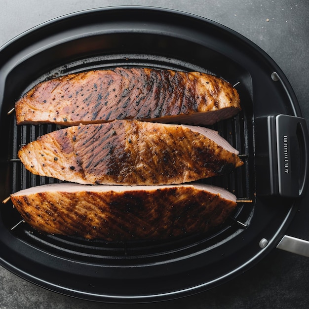 The top view of the pork is grilling on a charcoal grill