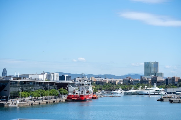 Top view of Port Vell in Barcelona with docked ships Barcelona Spain