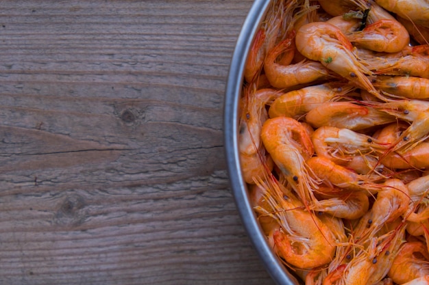 The top view prawns is a seafood bring it to boil until cooked to make an orange color look appetizi...