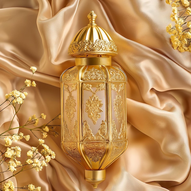 Photo top view of product photography of a ramadan golden lantern