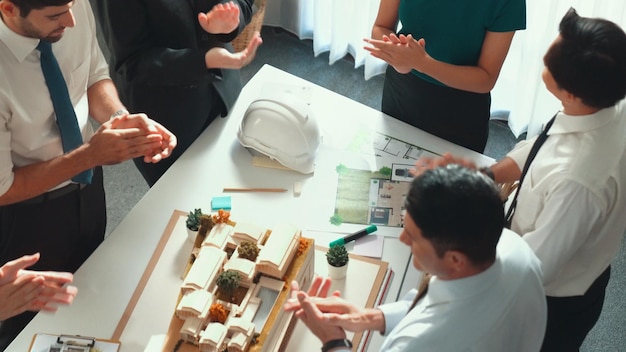 Photo top view of project manager clapping hand to celebrate success alimentation