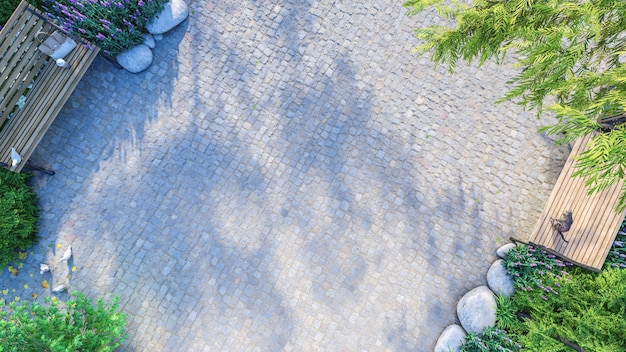 Top view of public park during summer in sunlight with wooden bench and stone pavement footpath Garden scene with copy space 3d rendering