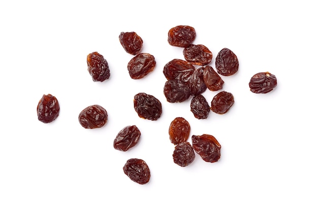 Top view of Raisins isolated on white background.