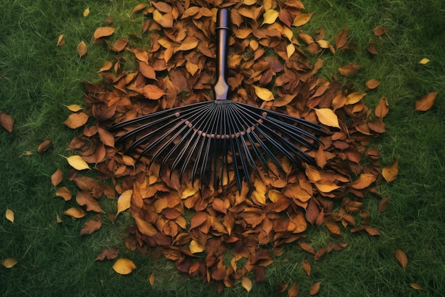 Top view of a rake on grass with scattered leaves created with generative ai