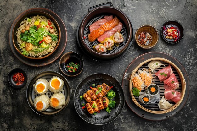 Top view of ramen bowls and dim sum